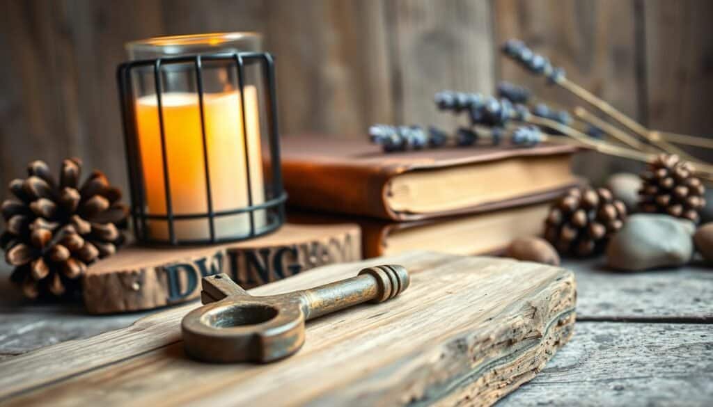 A rustic still life showcasing the key elements of a simple yet charming style. In the foreground, an aged wooden key rests on a rough-hewn plank, its patina hinting at years of use. In the middle ground, a wrought-iron candle holder casts a warm, flickering glow, while a weathered leather-bound book leans against it. In the background, a collection of pinecones, river stones, and a sprig of dried lavender evoke the natural, earthy tones of the rustic aesthetic. The lighting is soft and diffused, creating an intimate, inviting atmosphere. Captured with a shallow depth of field, the composition emphasizes the tactile quality of these modest, time-worn objects.