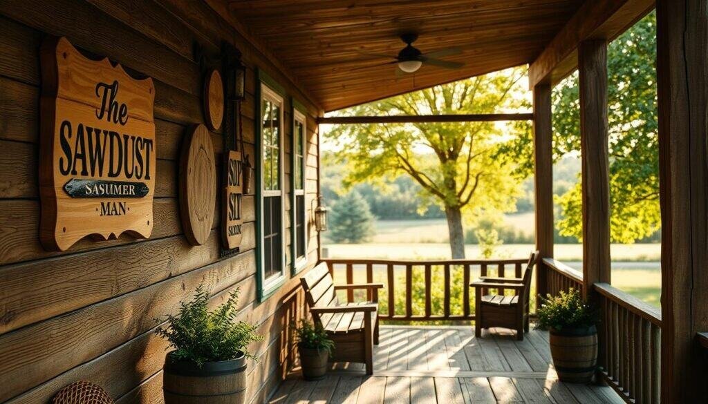 A rustic summer porch with a warm, inviting atmosphere. In the foreground, a wooden wall features charming signage and wall décor from "The Sawdust Man" brand, showcasing natural wood textures and hand-crafted designs. The middle ground displays a cozy porch seating area, with weathered wooden benches and planters. The background depicts a lush, verdant landscape, bathed in soft, golden afternoon light filtering through the trees. The overall scene conveys a sense of timeless, rural elegance and a celebration of nature's beauty.