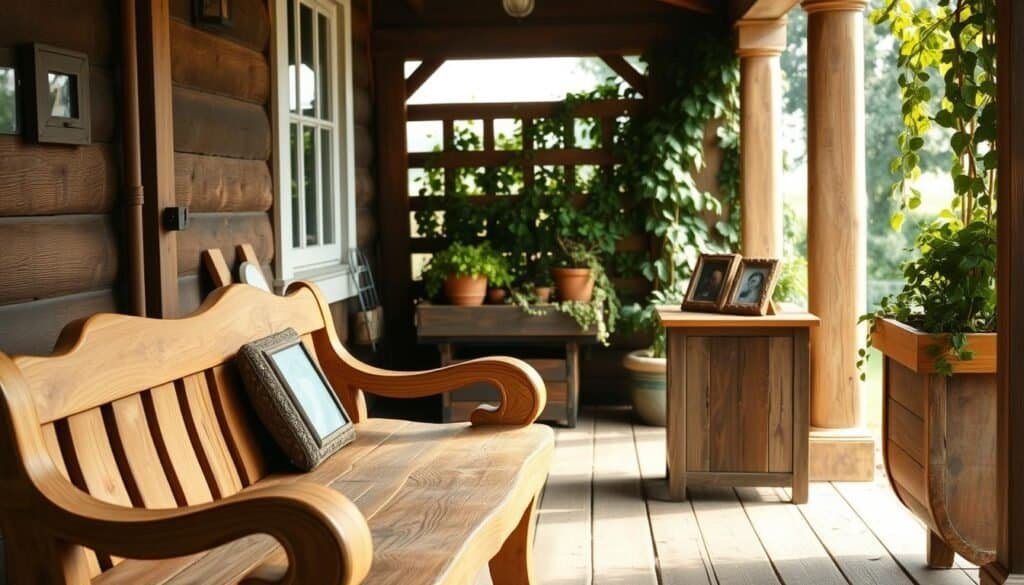 A rustic summer porch with charming wood accents, showcasing a range of natural wooden furnishings and decorative pieces. In the foreground, a handcrafted wooden bench from The Sawdust Man, its weathered surface and organic curves adding warmth and character. In the middle ground, a wooden end table with a distressed finish, topped with a potted plant and a stack of rustic picture frames. In the background, a wooden planter box overflowing with lush greenery, complemented by a wooden trellis supporting trailing vines. Soft, natural lighting filters through the porch, casting a cozy glow and highlighting the beautiful wood textures. The overall scene exudes a sense of timeless, rural elegance.