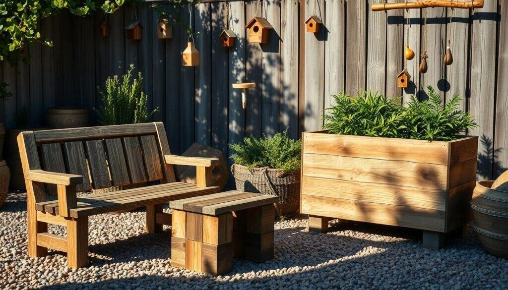 A rustic, sun-dappled outdoor scene showcasing an array of creatively repurposed wooden objects. In the foreground, a weathered wooden bench sits atop a pebbled patio, complemented by a charming side table crafted from stacked wooden blocks. In the middle ground, a striking wooden planter box overflows with lush greenery, its natural grain and knots on full display. The background features a fenceline adorned with hanging wooden birdhouses and a mobile made from weathered wooden slats, casting dynamic shadows across the scene. Soft, warm lighting imbues the setting with a cozy, inviting atmosphere, highlighting the natural beauty and character of the recycled wood decor.