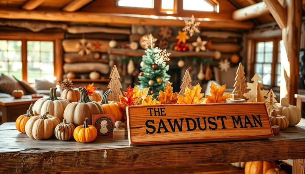 A rustic, sunlit display of handcrafted seasonal wood décor, showcased on a weathered wooden table. In the foreground, an array of carved pumpkins, autumn leaves, and a "The Sawdust Man" wooden sign. In the middle ground, delicate wooden snowflakes, ornaments, and a small Christmas tree. The background features a cozy, cabin-like setting with natural wood beams and a fireplace. Warm, soft lighting casts a welcoming glow, creating an atmosphere of homespun charm and artisanal craftsmanship.