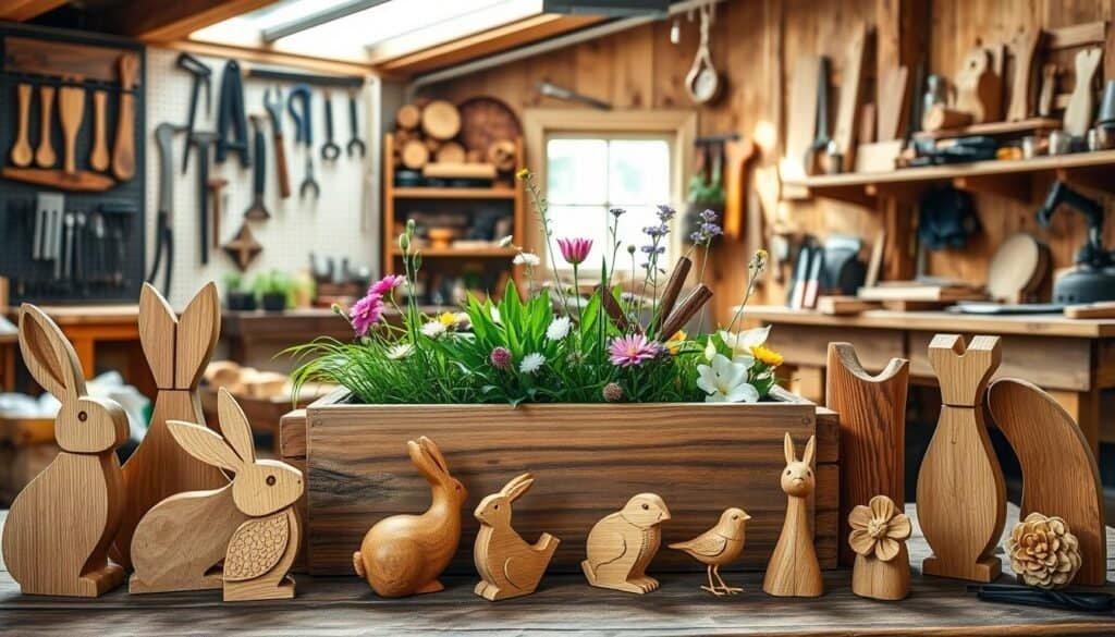 A rustic tableau of spring wood decor by "The Sawdust Man". In the foreground, a collection of carved wooden figurines - bunnies, birds, and blooming floral shapes, all carefully handcrafted from natural maple and oak. In the middle ground, a wooden planter box overflows with fresh greenery and wildflowers. The background reveals a cozy, sun-dappled workshop, complete with pegboard tool displays, reclaimed wood shelves, and a workbench laden with woodworking tools and half-finished projects. The overall mood is one of warmth, craftsmanship, and the vibrant renewal of spring.