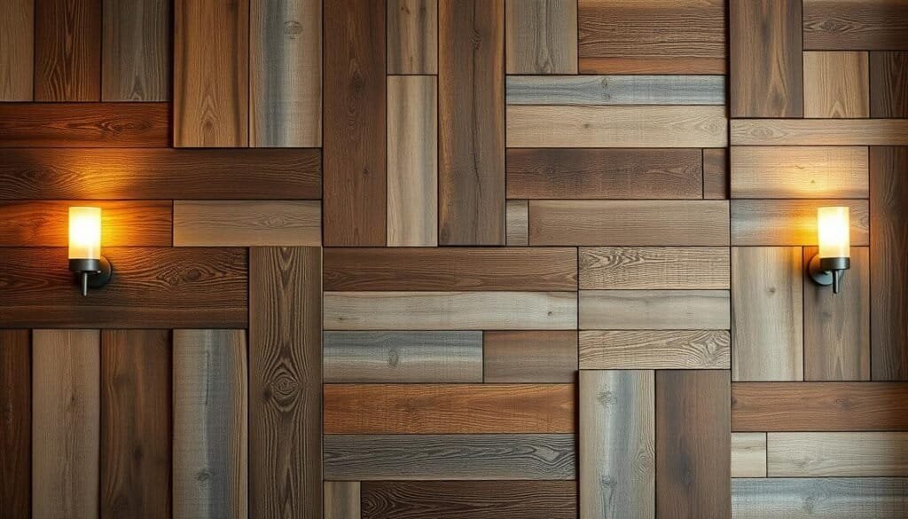 A rustic, textured wall adorned with reclaimed wood accents in varying shades of brown, grey, and golden hues. The wood panels are arranged in an asymmetric, artful pattern, showcasing the natural knots, grains, and imperfections that tell the story of their past lives. Soft, warm lighting from sconces casts a cozy glow, highlighting the depth and character of the weathered wood. The overall composition evokes a sense of nostalgia and a connection to the passage of time, creating a captivating focal point in an elegant, minimalist living space.