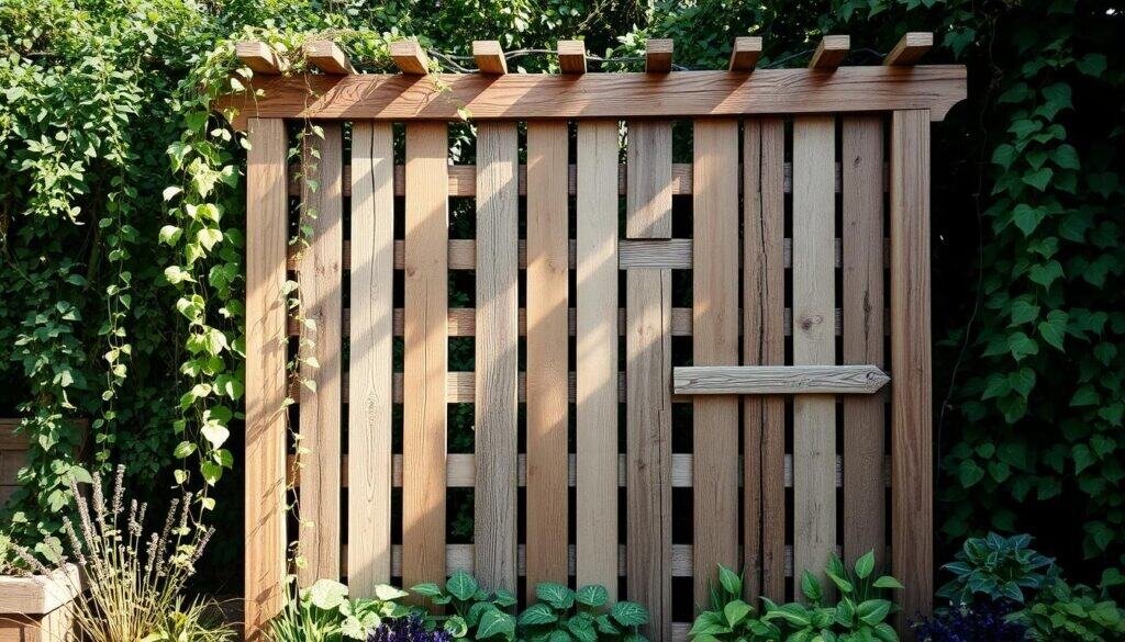 A rustic vertical garden trellis made from reclaimed weathered scrap wood planks, beams, and panels. The structure stands tall against a backdrop of a lush, overgrown garden with trailing vines and greenery. Warm natural lighting filters through the slats, casting soft shadows and highlighting the unique textures and grains of the aged wood. The scene evokes a sense of DIY charm, outdoor living, and sustainability, with the handcrafted trellis centerpiece showcasing the creative potential of repurposed materials.