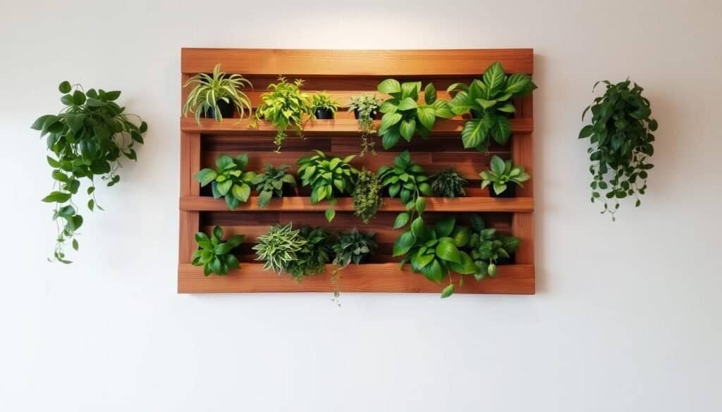 A rustic vertical plant display made from reclaimed wood, featuring a series of tiered shelves to showcase a variety of lush, thriving houseplants. The natural wood grain and warm tones create a cozy, organic atmosphere, complemented by soft, diffused lighting from above. The display is positioned against a plain, uncluttered backdrop, allowing the plants to be the focal point. The overall composition conveys a sense of harmony and tranquility, perfectly capturing the essence of a space-saving, wall-mounted plant solution for the home.