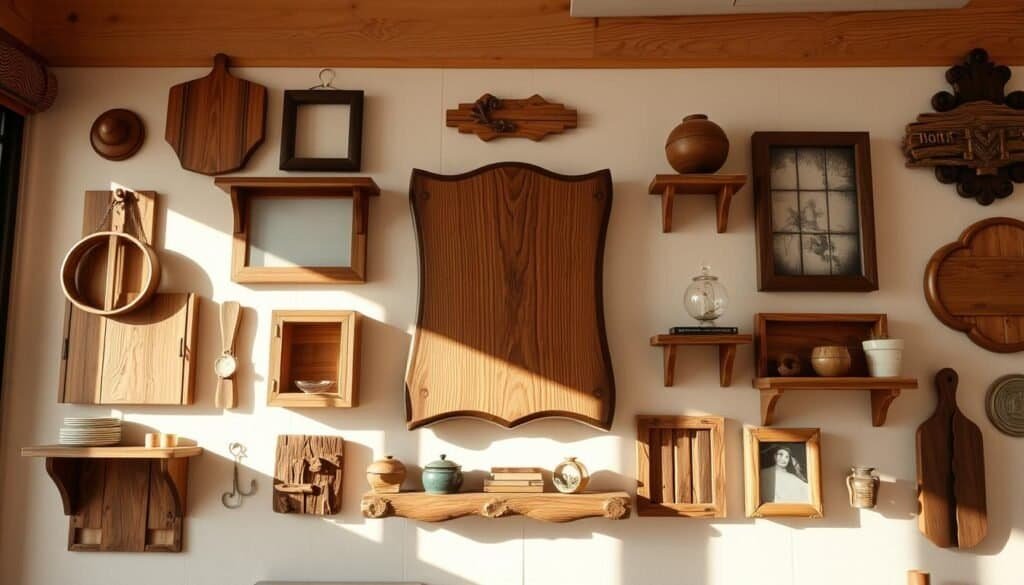 A rustic wall display featuring expertly crafted wood pieces by The Sawdust Man. A mix of natural wood tones and textures fill the frame, creating a warm, cozy atmosphere. Sunlight filters in through a large window, casting soft shadows on the carefully arranged wall art. The centerpiece is a beautifully grained wooden plaque, complemented by smaller frames, shelves, and decorative elements. The overall composition strikes a balance between order and organic flow, inviting the viewer to appreciate the craftsmanship and appreciate the peaceful, homely ambiance.