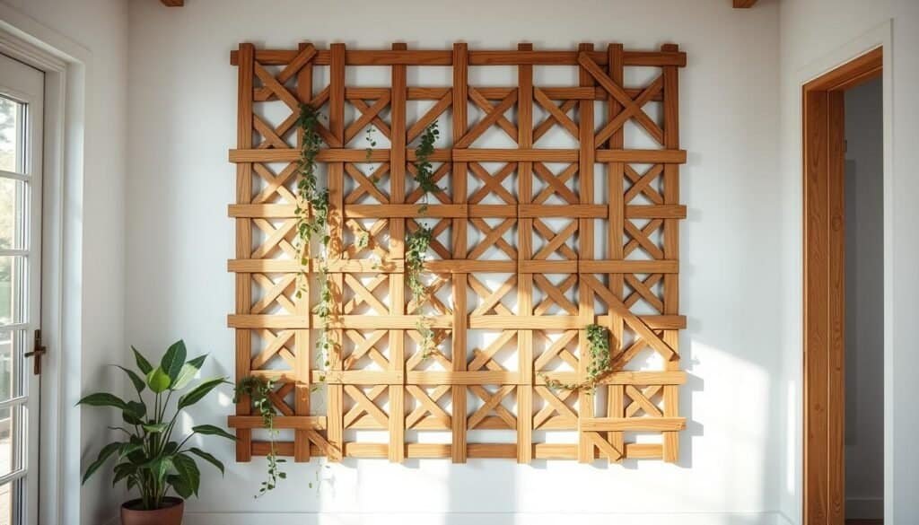 A rustic, wall-mounted wooden trellis system in a minimalist, light-filled interior. The trellis features an intricate criss-cross pattern of natural wood slats, creating a visually striking and functional backdrop for climbing vines and foliage. The lighting is soft and indirect, casting gentle shadows that accentuate the textural details of the wood. The camera angle emphasizes the trellis's clean lines and seamless integration with the surrounding wall, showcasing its versatility for small spaces. An atmosphere of calm, organic elegance permeates the scene, inviting the viewer to envision the trellis as a practical and decorative addition to an indoor or outdoor living area. A rustic, wall-mounted wooden trellis system in a minimalist, light-filled interior. The trellis features an intricate criss-cross pattern of natural wood slats, creating a visually striking and functional backdrop for climbing vines and foliage. The lighting is soft and indirect, casting gentle shadows that accentuate the textural details of the wood. The camera angle emphasizes the trellis's clean lines and seamless integration with the surrounding wall, showcasing its versatility for small spaces. An atmosphere of calm, organic elegance permeates the scene, inviting the viewer to envision the trellis as a practical and decorative addition to an indoor or outdoor living area.