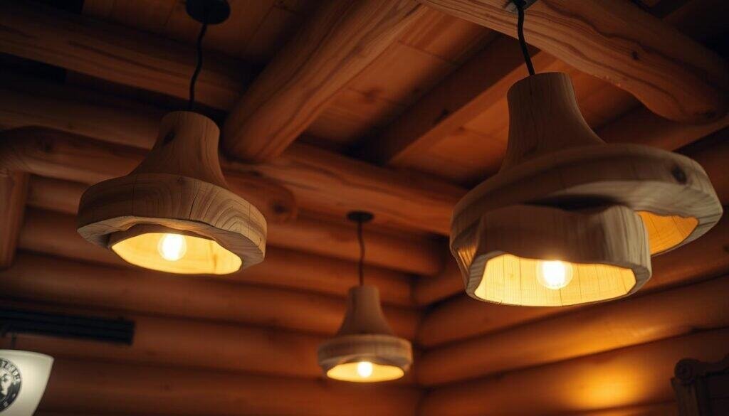 A rustic, warm-toned bedroom with natural wood lighting fixtures suspended from the ceiling, casting a soft, ambient glow. The fixtures are made of knotty, weathered wood, with simple, minimalist designs that complement the room's rustic, cozy atmosphere. The lighting is diffused and gentle, creating a soothing, tranquil ambiance. The fixtures are positioned to provide even illumination throughout the space, highlighting the natural textures and tones of the wood furnishings and decor. The overall effect is one of relaxation and comfort, evoking a sense of being in a secluded, natural retreat.
