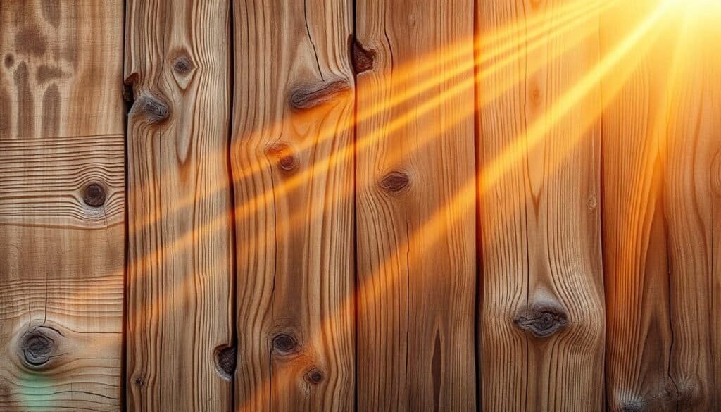 A rustic, weathered wooden wall, with intricate patterns of knots, grains, and natural imperfections. Beams of warm, golden sunlight stream through the gaps, casting a soft, inviting glow across the surface. The wood has a rich, textured finish, with subtle variations in tone and hue, hinting at its earthy, organic origins. The overall scene exudes a sense of warmth, comfort, and a touch of rustic charm, perfect for adding a natural, homey accent to any interior space.