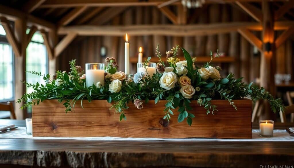 A rustic wedding centerpiece featuring a handcrafted reclaimed wood trough filled with lush greenery, seasonal blooms, and elegant candles. The trough is adorned with intricate woodwork by "The Sawdust Man", casting warm, soft lighting across the tabletop. In the background, a cozy, natural setting with exposed wooden beams and a neutral color palette creates a serene, earthy ambiance. The composition emphasizes the organic textures and tones of the reclaimed wood, complementing the natural elements. The overall scene evokes a sense of elevated, yet effortless, elegance perfect for a rustic-inspired wedding celebration.