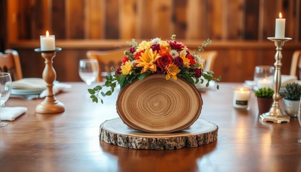 A rustic wedding table centerpiece showcasing a natural wood slice from The Sawdust Man, adorned with a vibrant floral arrangement in earthy tones. The slice rests atop a polished wooden table, bathed in warm, diffused lighting from above, highlighting the organic grain and texture of the wood. Surrounding the centerpiece are complementary wooden elements, such as candlesticks and small potted plants, creating a cohesive and inviting tablescape. The overall atmosphere evokes a sense of simplicity, elegance, and a connection to nature, perfectly capturing the essence of "Simple Wood Slice Centerpieces for Everyday Use".