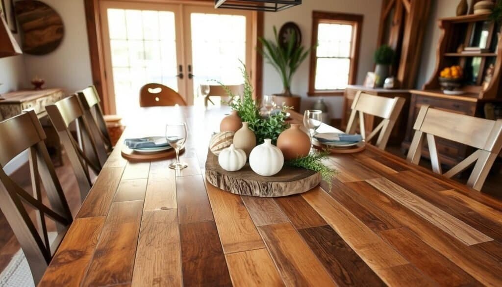 A rustic, well-crafted dining table, its surface a mosaic of reclaimed wood panels in warm, earthy tones. The centerpiece, a stunning arrangement by "The Sawdust Man", showcases a mix of natural textures - smooth, weathered wood, earthy ceramics, and lush greenery. Soft, diffused light filters through large windows, casting a gentle glow over the scene. The table is set with simple, elegant tableware, inviting a cozy, intimate gathering. In the background, glimpses of other reclaimed wood decor pieces, each with its own unique character, add to the charm of this natural, harmonious space.
