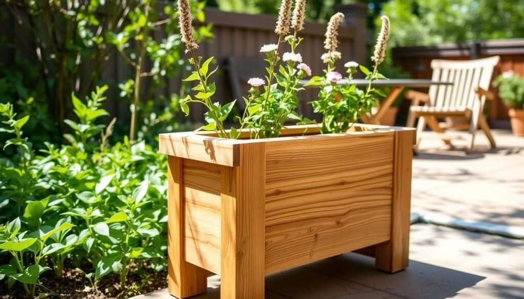 A rustic, well-crafted wooden planter stands in a sunlit garden, its natural texture and warm tones complementing the lush greenery around it. The planter's simple, elegant design features clean lines and a sturdy, handmade aesthetic, perfectly capturing the essence of DIY woodworking projects. In the background, a cozy patio or deck setting provides a harmonious backdrop, showcasing how these versatile planters can enhance outdoor living spaces. Soft, diffused lighting casts gentle shadows, highlighting the planter's organic beauty and the care put into its construction. The overall scene radiates a sense of homespun charm and rustic sophistication, inviting the viewer to imagine creating their own unique DIY wooden planter projects.