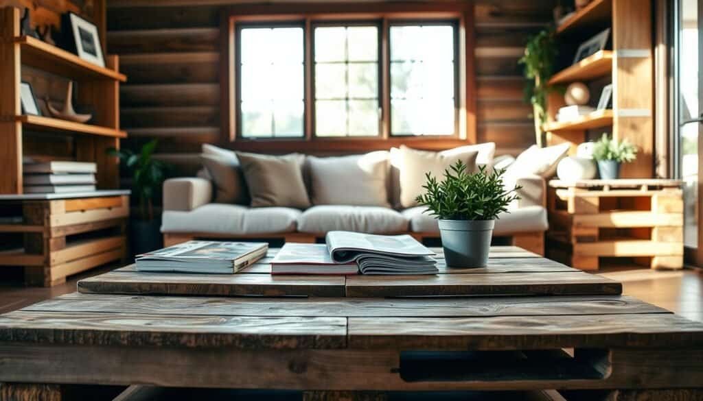 A rustic, well-lit pallet furniture scene in a cozy, inviting home interior. In the foreground, a sturdy pallet coffee table with a distressed wood finish, adorned with a potted plant and a stack of artful magazines. In the middle ground, a pallet sofa with plush, neutral-toned cushions, framed by wooden shelves displaying decorative objects. The background features a warm, natural-lit window overlooking a tranquil outdoor setting, casting a soft glow throughout the space. The overall mood is one of relaxation, simplicity, and a touch of industrial-chic style.