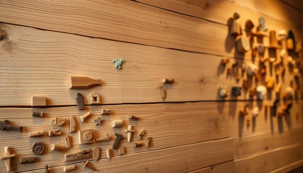 A rustic, well-lit wooden wall featuring a thoughtful arrangement of intricately crafted, diminutive wooden decorative pieces. The foreground showcases an array of intricate, hand-carved wooden trinkets, their natural grain and texture accentuated by warm, directional lighting. The middle ground presents a weathered, natural wood plank backdrop, its rugged charm complementing the delicate wooden décor. In the background, a softly-lit, harmonious arrangement of additional wooden wall hangings, their placement highlighting the creative ways to display these tiny, personalized wooden creations. The overall scene conveys a sense of warmth, craftsmanship, and rustic charm.