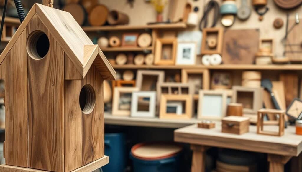 A rustic, well-lit workshop showcasing an array of small, intricate scrap wood projects. In the foreground, a handcrafted birdhouse with delicate patterns carved into the weathered cedar boards. In the middle ground, a collection of minimalist picture frames, each one showcasing the natural grain and knots of the reclaimed lumber. The background features a variety of wooden trinkets, from simple coasters to a chic, geometric plant stand, all meticulously crafted from leftover wood pieces. The overall scene exudes a sense of warm, homespun charm and the satisfaction of transforming discarded materials into unique, functional works of art.