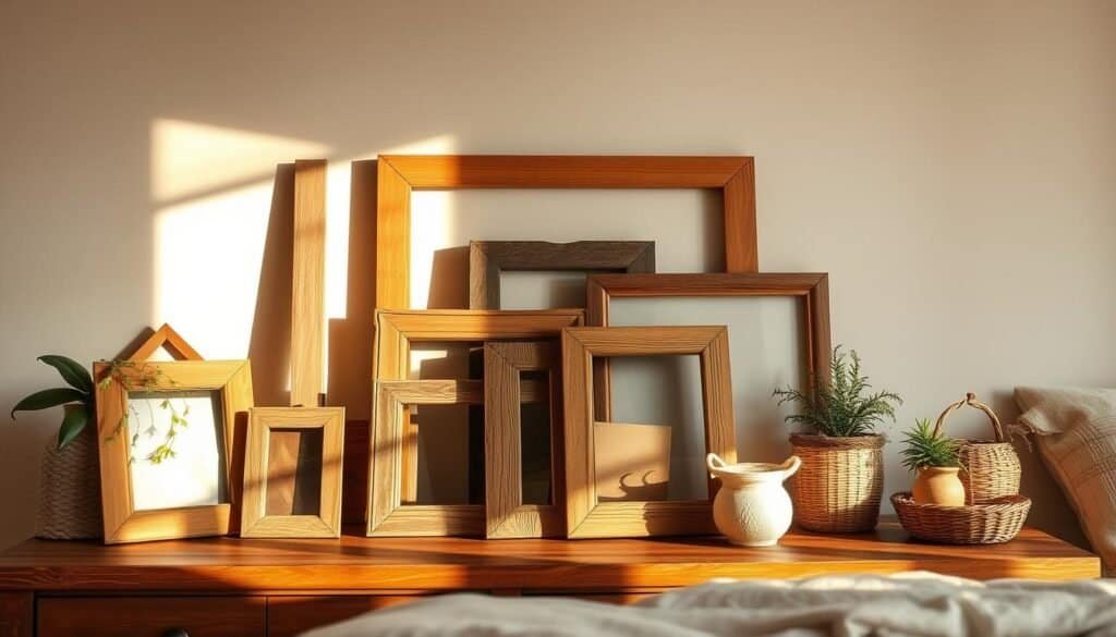 A rustic wood-framed still life in a cozy bedroom setting. Warm, natural lighting casts a golden glow on an assortment of weathered, textured frames in varying sizes and shapes. The frames are arranged artfully on a wooden dresser or bedside table, complemented by earthy tones and natural textures like woven baskets, potted plants, and soft linens. The scene exudes a sense of lived-in comfort and a lived-in aesthetic, creating an inviting, homely ambiance perfect for a bedroom space.