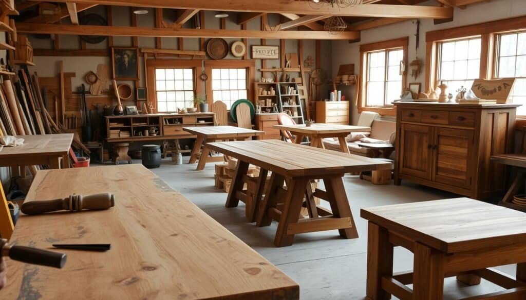 A rustic wood furniture workshop scene, featuring handcrafted projects by The Sawdust Man. In the foreground, a weathered workbench displays an array of artisanal wooden pieces, including a sturdy farmhouse-style dining table, a sleek modern credenza, and a charming wooden bench. In the middle ground, tools and materials such as chisels, sanders, and blocks of reclaimed oak create a lived-in, workshop aesthetic. The background depicts a cozy, well-lit studio space with exposed beams, natural light filtering through large windows, and a collection of carefully curated decor items that complement the rustic, functional furniture. The overall mood is one of skilled craftsmanship, warm ambiance, and a celebration of the beauty of natural wood. A rustic wood furniture workshop scene, featuring handcrafted projects by The Sawdust Man. In the foreground, a weathered workbench displays an array of artisanal wooden pieces, including a sturdy farmhouse-style dining table, a sleek modern credenza, and a charming wooden bench. In the middle ground, tools and materials such as chisels, sanders, and blocks of reclaimed oak create a lived-in, workshop aesthetic. The background depicts a cozy, well-lit studio space with exposed beams, natural light filtering through large windows, and a collection of carefully curated decor items that complement the rustic, functional furniture. The overall mood is one of skilled craftsmanship, warm ambiance, and a celebration of the beauty of natural wood.