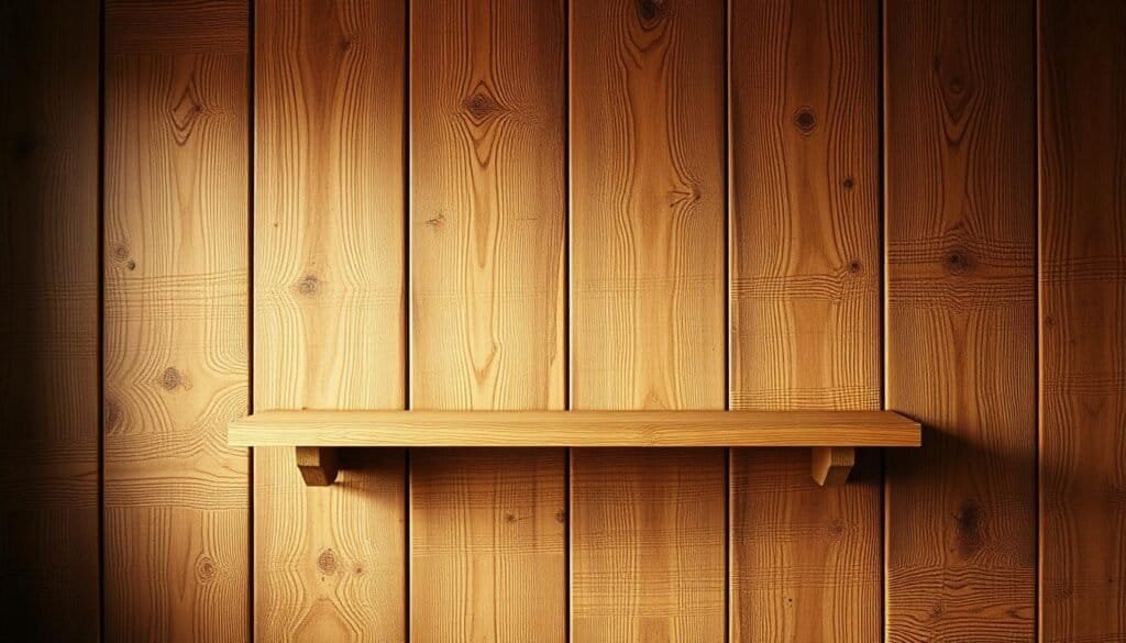 A rustic wood panel wall, featuring a natural, distressed texture with intricate wood grains and knots. The lighting casts a warm, ambient glow, highlighting the depth and richness of the wooden surface. The wooden panels are arranged in a visually appealing, symmetrical pattern, adding a sense of order and balance to the scene. The overall mood is one of cozy, inviting homeliness, perfect for showcasing a handcrafted wooden shelf in a kitchen setting. The image has a high level of photorealism, with a shallow depth of field and a subtle vignette effect to draw the viewer's attention to the central focal point.