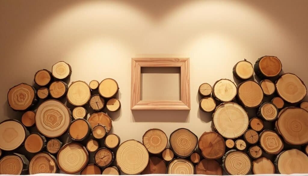 A rustic wood slice art display, handcrafted with care by "The Sawdust Man". In the foreground, various natural wood rounds of different sizes and textures are arranged in a harmonious pattern, their warm tones and organic grain patterns evoking the beauty of the forest. Soft, natural lighting from above casts a gentle glow, highlighting the unique character of each slice. In the middle ground, a simple, elegant wooden frame showcases the artwork, its distressed finish complementing the natural materials. The background features a plain, muted wall, allowing the wood slices to take center stage and create a cozy, inviting atmosphere perfect for a warm, rustic bedroom.