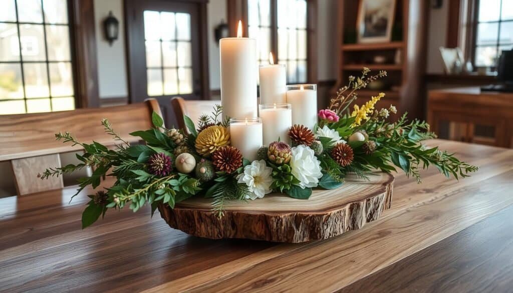 A rustic wood slice centerpiece adorns a farmhouse-style dining table, showcasing the natural beauty of The Sawdust Man's handcrafted design. Sunlight filters through large windows, casting a warm glow on the arrangement of candles, seasonal greenery, and wildflowers nestled atop the smooth, organic surface. The centerpiece's neutral tones and textural elements blend seamlessly with the surrounding decor, creating a cozy, inviting atmosphere perfect for year-round gatherings.