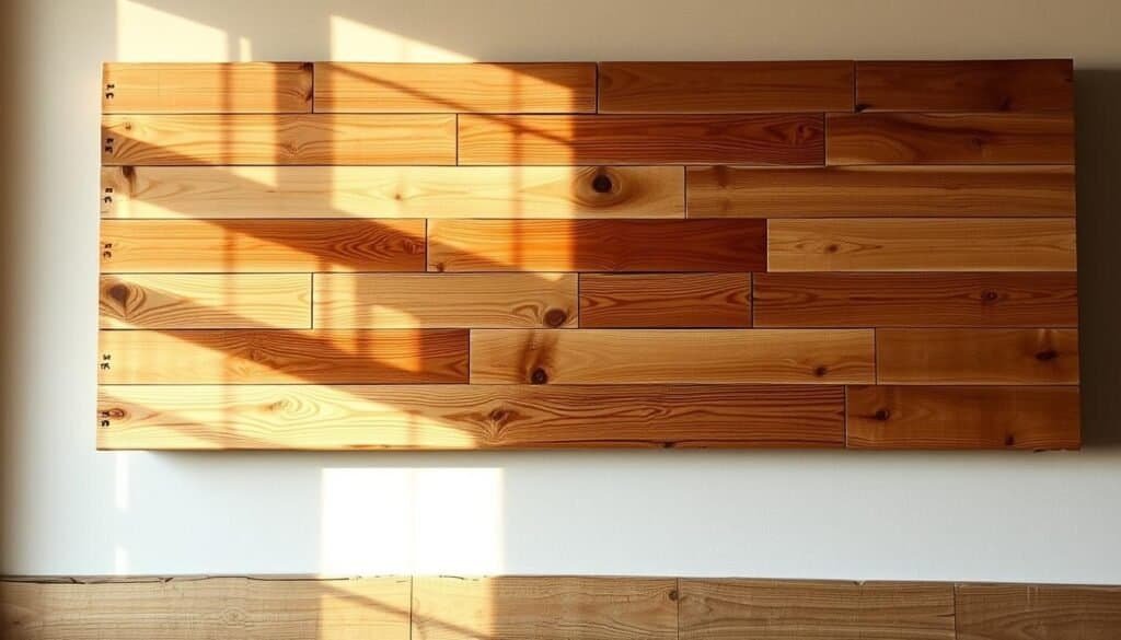 A rustic wood wall art piece, handcrafted with reclaimed pine boards in varying shades of natural wood tones. The boards are arranged in a visually pleasing, asymmetric pattern, with intentional knots, grains, and imperfections that add character. Soft, warm lighting from a large window casts gentle shadows, highlighting the tactile, organic textures of the wood. The piece is mounted on a sturdy, distressed wood frame, lending an authentic, handmade feel. The overall composition radiates a cozy, inviting atmosphere, perfect for adding rustic charm to any room.