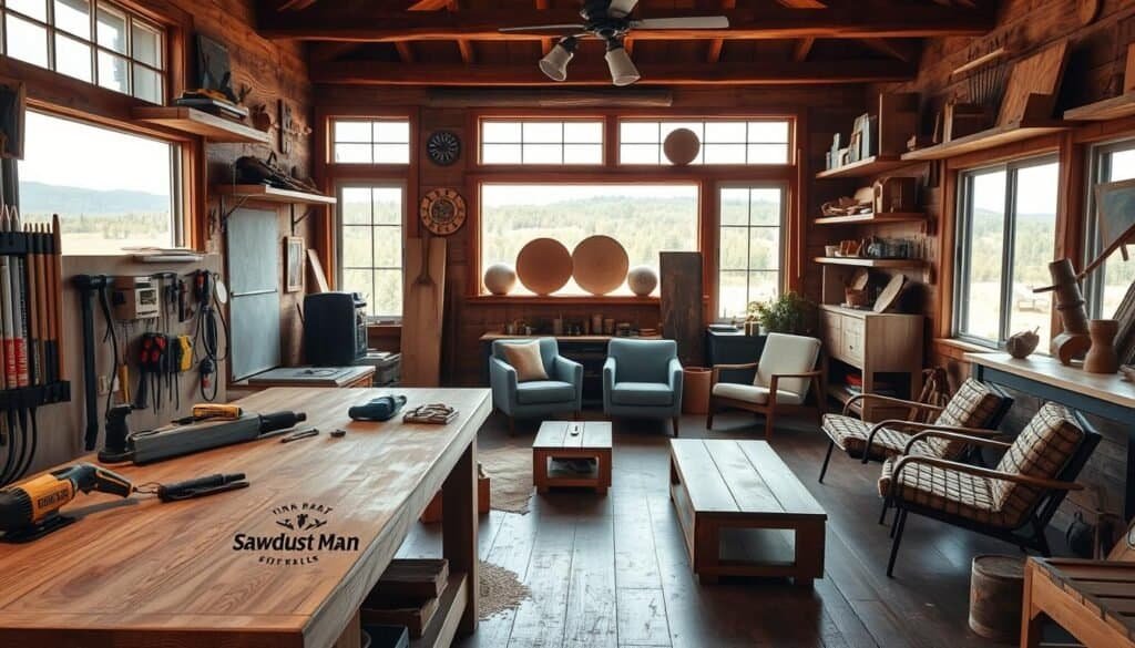 A rustic wood workshop filled with natural light, handcrafted furniture, and the tools of a modern DIY enthusiast. In the foreground, a workbench with an heirloom-inspired design, worn and weathered, contrasts with sleek, contemporary power tools bearing the logo "The Sawdust Man". Hanging on the walls, a mix of repurposed barn wood shelves and minimalist floating shelves display a range of unique, one-of-a-kind wood projects. The middle ground features a cozy seating area with a reclaimed wood coffee table and mid-century modern armchairs, all bathed in warm, soft lighting. In the background, large windows overlook a lush, natural landscape, blending the indoors and outdoors for a harmonious, rustic-meets-modern aesthetic. A rustic wood workshop filled with natural light, handcrafted furniture, and the tools of a modern DIY enthusiast. In the foreground, a workbench with an heirloom-inspired design, worn and weathered, contrasts with sleek, contemporary power tools bearing the logo "The Sawdust Man". Hanging on the walls, a mix of repurposed barn wood shelves and minimalist floating shelves display a range of unique, one-of-a-kind wood projects. The middle ground features a cozy seating area with a reclaimed wood coffee table and mid-century modern armchairs, all bathed in warm, soft lighting. In the background, large windows overlook a lush, natural landscape, blending the indoors and outdoors for a harmonious, rustic-meets-modern aesthetic.