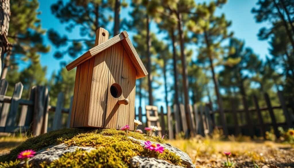 A rustic wooden birdhouse, crafted from weathered cedar wood, with a sloped roof and a charming, primitive design. The foreground features the birdhouse perched on a moss-covered stone, surrounded by colorful wildflowers. In the middle ground, a weathered wooden fence can be seen, enhancing the rustic feel. The background showcases a soft-focus forest of pine trees under a bright blue sky, creating a serene atmosphere. The image is bathed in warm, natural sunlight, casting gentle shadows that add depth. Captured at a low angle to emphasize the birdhouse and create an inviting perspective, evoking a sense of tranquility and creativity in woodworking.
