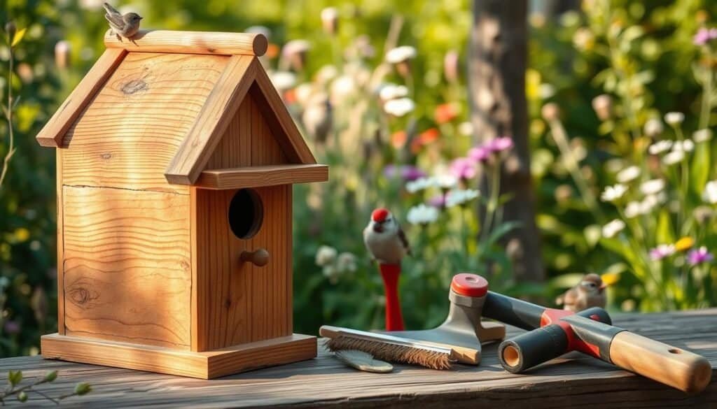 A rustic wooden birdhouse sits prominently in the foreground, crafted from weathered cedar with a charming sloped roof and vibrant details like a hand-carved perching ledge. The intricate grain of the wood is highlighted in soft, natural lighting, enhancing its textures. In the middle of the scene, various tools of the trade—like a saw, hammer, and paintbrush—are artfully arranged, suggesting the process of creating. In the background, a serene garden with lush greenery and wildflowers creates a harmonious environment, with a few small birds perched nearby, observing the birdhouse. The atmosphere is warm and inviting, capturing a peaceful moment in nature, emphasizing the beauty and tranquility of DIY woodworking projects. The image is taken at eye level with a shallow depth of field to keep the focus on the birdhouse and tools.