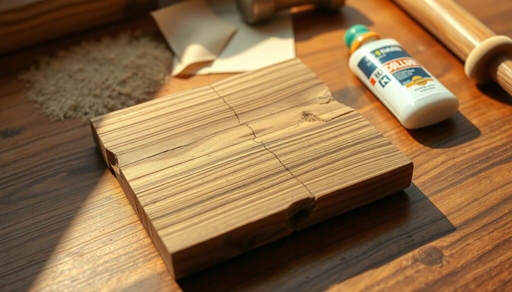 A rustic wooden coaster sitting on a wooden table, showcasing various troubleshooting techniques. The coaster has a slight warp, with one corner lifted, and a crack along the grain. Warm, directional lighting casts soft shadows, highlighting the natural wood texture and grain patterns. In the background, a selection of woodworking tools, including sandpaper, wood glue, and a small mallet, are arranged neatly, suggesting solutions to the coaster's issues. The scene conveys a sense of problem-solving and a DIY aesthetic, suitable for illustrating a home decor project.