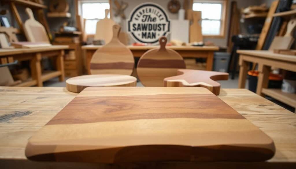 A rustic wooden cutting board in the foreground, featuring a smooth, natural grain and a simple, elegant design. In the middle ground, additional cutting boards in various shapes and sizes, including a round board with a distinctive handle and a rectangular board with a subtle chevron pattern. In the background, a well-lit workshop setting with wooden benches, tools, and the logo of "The Sawdust Man" prominently displayed. The overall scene conveys a sense of skilled craftsmanship and accessible DIY woodworking projects.