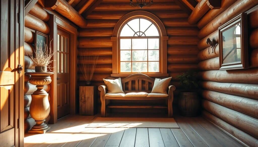 A rustic wooden entryway, bathed in warm, natural light streaming through a large, arched window. A handcrafted wooden bench sits invitingly, adorned with a plush, earth-toned cushion. Decorative elements such as a wooden planter, a decorative urn, and a framed nature photograph add a welcoming touch. The entryway's wooden beams and planks create a cozy, cabin-like ambiance, while the subtle texture of the wood adds depth and character. The scene conveys a sense of comfort and homey hospitality, drawing guests in with its inviting, earthy aesthetic.