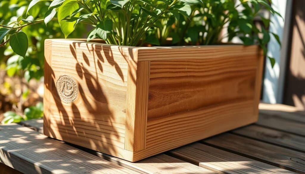 A rustic wooden garden planter box, handcrafted with natural wood textures and subtle knots. Sunlight filters through the leaves, casting a warm glow on the sturdy construction. The planter sits atop a weathered wooden surface, surrounded by lush greenery and earthy tones. The composition showcases the beauty of simple, functional woodworking projects that can be completed over a weekend. Crisp, high-resolution photography captures the intricate details, textures, and organic feel of this DIY home decor piece.