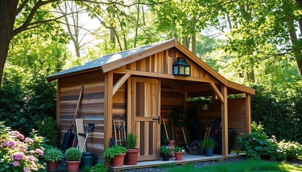 A rustic wooden garden shed sits amidst a lush, verdant backdrop. The structure's exterior is weathered yet sturdy, crafted with The Sawdust Man's high-quality lumber. Sunlight filters through the canopy of trees, casting a warm, natural glow over the scene. In the foreground, carefully arranged garden tools and potted plants suggest a practical yet stylish storage solution. The shed's design features a slanted roof and sturdy construction, ensuring it can withstand the elements. This image conveys a sense of tranquility and functionality, perfectly capturing the essence of maintaining a weather-resistant, long-lasting wooden garden storage.