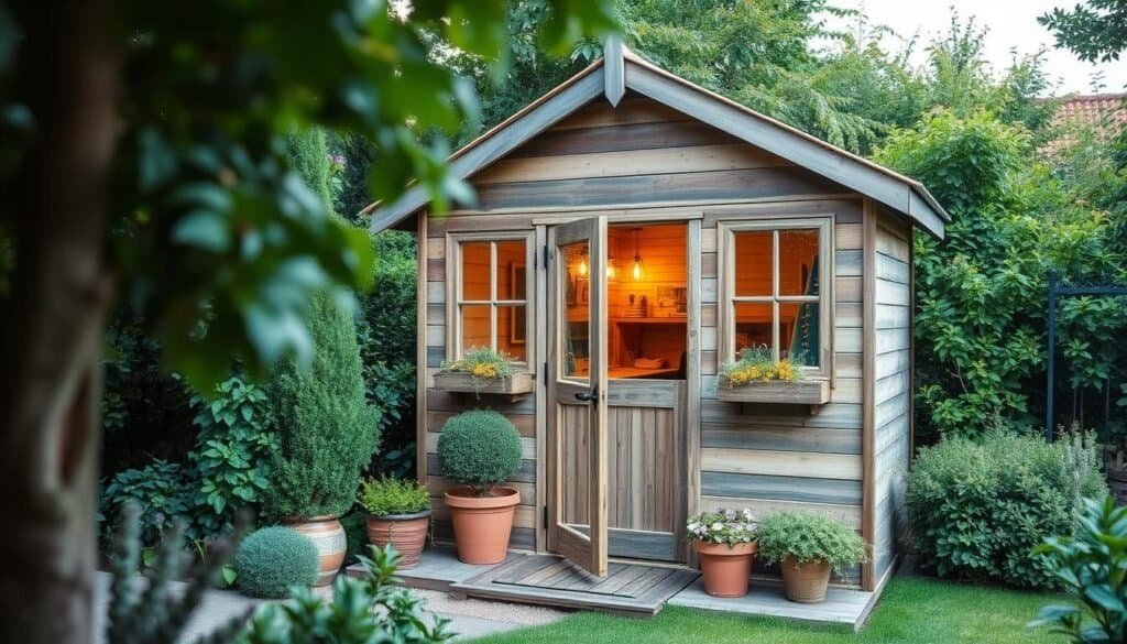 A rustic, wooden garden shed with a charming, weathered exterior stands amidst a lush, verdant backdrop. Potted plants in earthy tones adorn the shed's entrance, creating a welcoming, natural ambiance. Warm, directional lighting filters through the shed's windows, casting a soft, inviting glow. The shed's design, crafted by "The Sawdust Man", features clean lines and a traditional peaked roof, blending seamlessly with the surrounding garden landscape. This stylish, functional storage solution is the perfect complement to the article's exploration of clever wood builds for the garden.