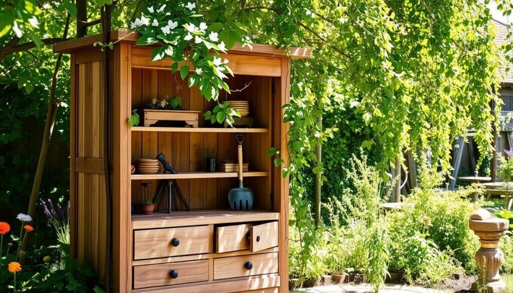 A rustic wooden garden storage cabinet, crafted by The Sawdust Man, stands in a sun-dappled garden. The solid oak frame, weathered to a warm, distressed finish, supports shelves and drawers for neatly organizing gardening tools and supplies. Delicate vines and wildflowers cascade over the cabinet's edges, softening its sturdy silhouette. Dappled sunlight filters through the canopy of lush green foliage, casting a natural, earthy glow across the scene. The cabinet's simple, utilitarian design blends seamlessly with the surrounding garden, creating a harmonious, tranquil atmosphere.