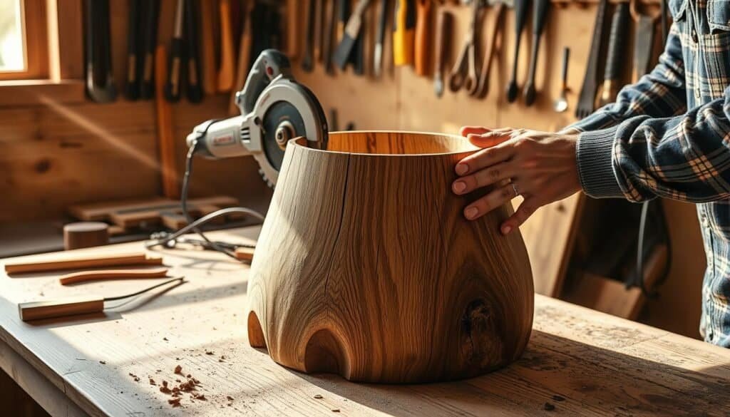 A rustic wooden lamp base being carefully prepared on a workbench. Rough-hewn planks of weathered oak are meticulously measured, sanded, and shaped with hand tools. Beams of warm, natural sunlight illuminate the woodgrain, casting soft shadows. The craftsman's weathered hands deftly wield a circular saw, skillfully removing excess material to reveal the lamp's organic silhouette. In the background, an array of well-worn woodworking tools hang neatly on the wall, ready to be used. The overall scene evokes a sense of artisanal tradition, where quality and attention to detail reign supreme.
