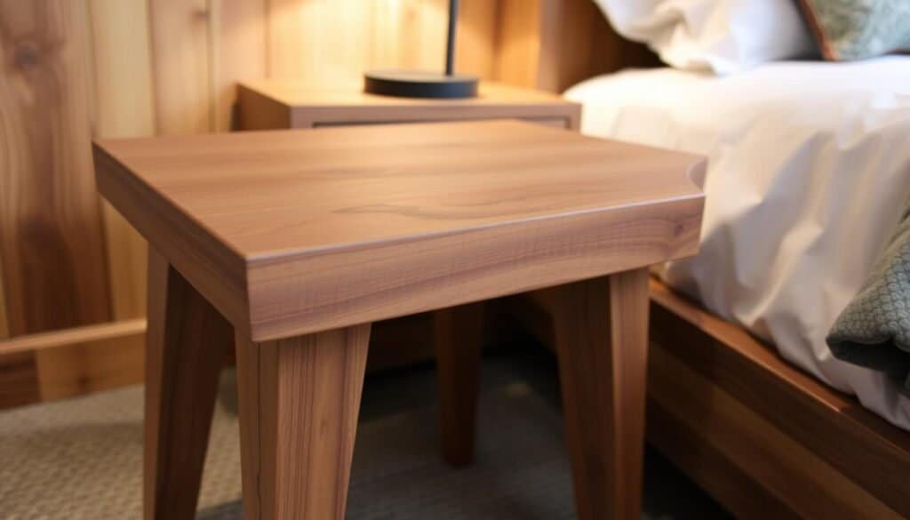 A rustic, wooden nightstand crafted with precision by The Sawdust Man. In the foreground, the solid oak top features a natural grain and a smooth, satin finish. Midground, the sleek, tapered legs in a warm, walnut hue provide sturdy support. In the background, a soft, ambient light emanates, casting a cozy glow and highlighting the wood's intricate textures. The nightstand exudes a sense of timeless elegance, seamlessly blending modern and traditional design elements to create a stunning piece that would complement any bedroom interior.