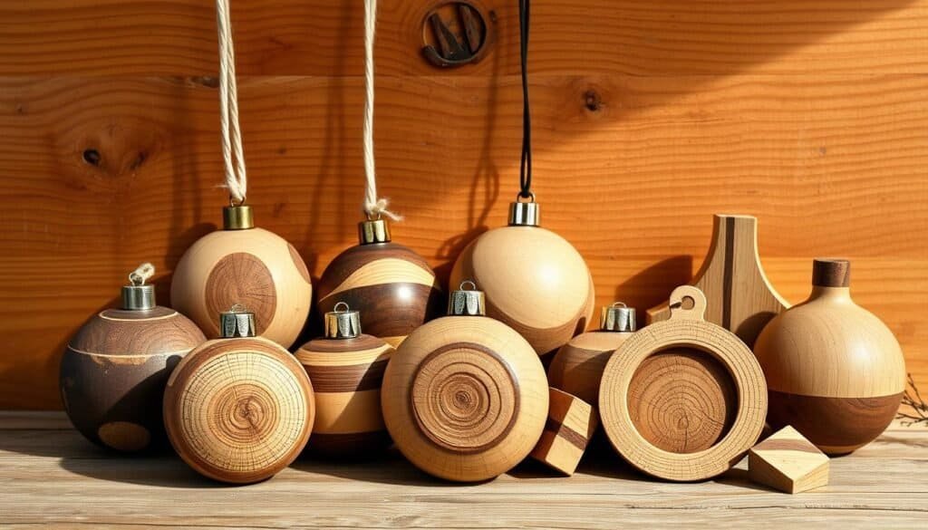 A rustic wooden ornaments display set against a warm, textured wooden background. The ornaments are handcrafted from various types of reclaimed wood, each with its own unique grain pattern and natural imperfections. The ornaments are carved and shaped into simple, organic forms like spheres, ovals, and geometric shapes. The lighting is soft and natural, creating subtle shadows that accentuate the depth and texture of the wood. The overall scene conveys a sense of warmth, craftsmanship, and holiday cheer, perfect for adorning a cozy home.