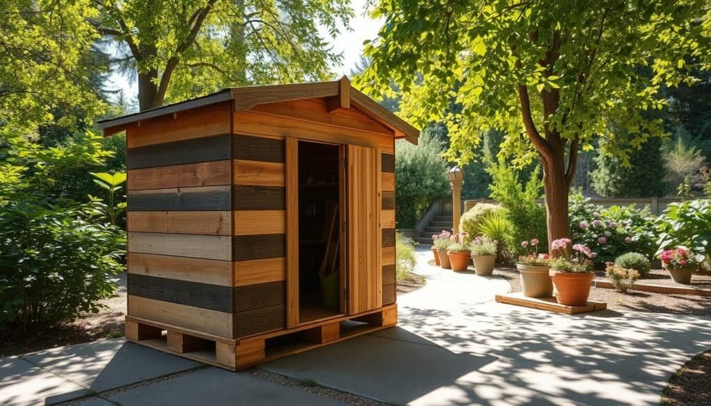 A rustic wooden pallet shed stands prominently in the foreground, crafted from weathered wood with visible knots and grains, exuding character and charm. The shed features a simple pitched roof and a small, open door revealing a glimpse of organized tools inside. In the middle ground, a concrete pathway lined with potted plants leads toward the shed. Sunlight filters through the leaves of nearby trees, casting soft, dappled shadows on the ground, creating a warm and inviting atmosphere. The background consists of a serene garden scene with vibrant green foliage and blooming flowers, enhancing the idyllic setting. The image is captured from a low angle to emphasize the shed’s height and rustic details, utilizing natural lighting to highlight the textures of the wood and surrounding environment. The overall mood is one of peaceful craftsmanship, perfect for inspiring beginner woodworkers.
