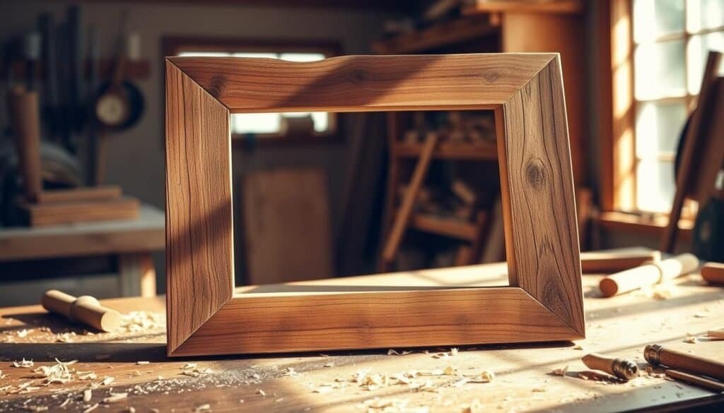A rustic wooden picture frame made of reclaimed barn wood, showcasing its natural grain and imperfections. The frame is set in a bright, sunlit workshop, surrounded by tools and wood shavings, evoking a warm and inviting atmosphere. The foreground features the frame propped against a workbench, with soft shadows cast across the surface, highlighting its rich textures. In the middle ground, scattered wood scraps and a partially completed wooden piece hint at the craftsmanship involved. The background is slightly blurred, revealing shelves filled with additional wood materials, emphasizing a cozy, creative space. The lighting is warm and natural, with a soft focus that enhances the rustic charm of the frame, inviting viewers to imagine framing their own memories.