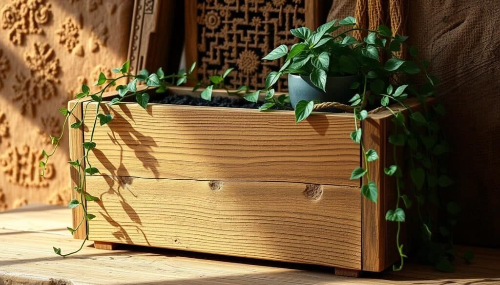 A rustic wooden plant decor piece, featuring a weathered and textured planter box, set against a backdrop of natural materials. The planter is adorned with simple geometric patterns, carved into the aged wood, creating a charming, handcrafted aesthetic. Lush greenery, such as trailing vines or a small potted plant, cascades over the sides, softening the rigid lines. Warm, directional lighting casts gentle shadows, highlighting the tactile, artisanal quality of the materials. The overall composition conveys a sense of tranquility and a connection to nature, perfect for a cozy, rustic-inspired living space.