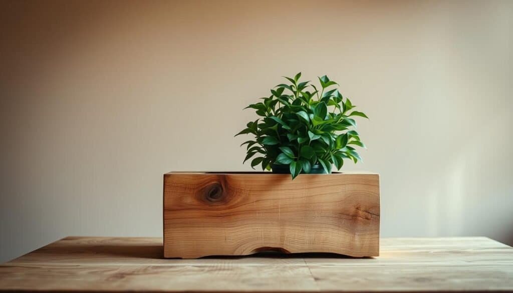 A rustic wooden planter sits atop a weathered oak table, its natural grain patterns complementing the lush greenery of a potted plant. Soft, diffused lighting casts a warm glow, highlighting the organic textures and hues. In the background, a minimalist, earthy-toned wall provides a serene backdrop, allowing the wood and plant to take center stage. The composition exudes a sense of tranquility and effortless elegance, inviting the viewer to imagine how this simple, yet impactful wood accent could enhance their own plant display.