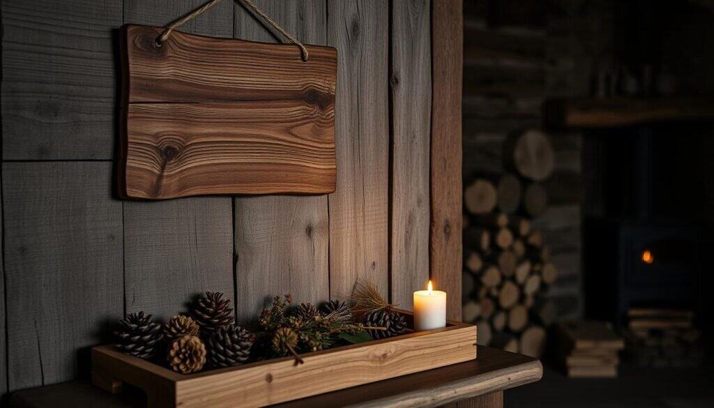 A rustic wooden plaque hangs on a weathered barn wall, its distressed surface and knots adding character. Nearby, a wooden tray displays an arrangement of natural elements - pinecones, dried flowers, and a single candle flickering softly. The lighting is warm and moody, casting gentle shadows that accentuate the texture of the wood. In the background, a stack of neatly chopped logs sits beside a cozy fireplace, hinting at the comforting ambiance of this rustic sanctuary. The overall scene evokes a sense of simplicity, timelessness, and a retreat from the modern world.