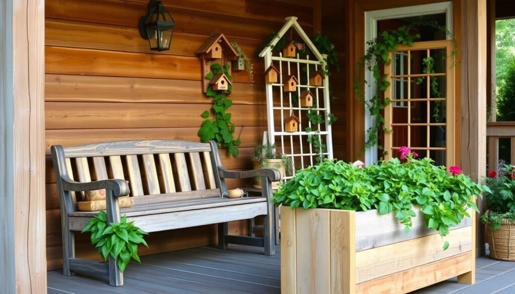 A rustic wooden porch, adorned with charming DIY decor crafted by "The Sawdust Man". In the foreground, a handmade wooden planter box overflows with lush greenery. Beside it, a weathered wooden bench invites relaxation. In the middle ground, a cluster of wooden birdhouses and a DIY trellis support climbing vines. The background features a backdrop of natural wood planks, complemented by the warm glow of soft lighting. This cozy, inviting scene captures the essence of summer porch living, enhanced by the craftsmanship of homemade wooden accents.