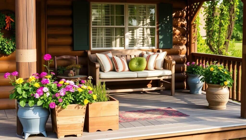 A rustic wooden porch, adorned with charming seasonal decor from "The Sawdust Man". In the foreground, a pair of handcrafted wooden planters overflow with vibrant summer blooms. On the middle level, a weathered wooden bench is topped with plush cushions and an array of cozy outdoor pillows. In the background, a wooden trellis supports a cascading vine, casting delicate shadows across the porch. Soft, warm lighting illuminates the scene, creating a welcoming and inviting atmosphere for summer entertaining.