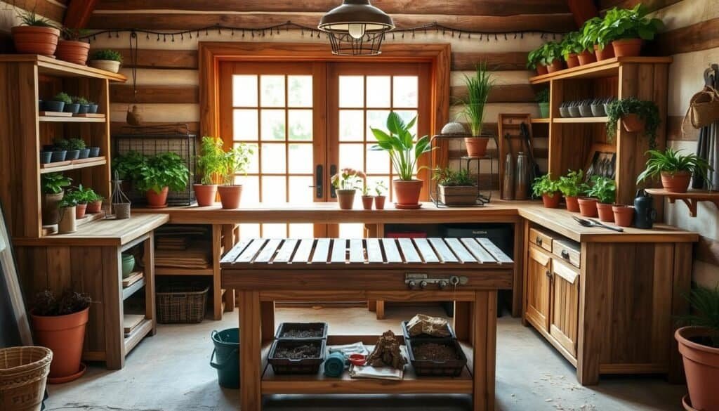 A rustic wooden potting station with integrated storage, designed by The Sawdust Man. In the foreground, a sturdy workbench with a slatted top for potting, surrounded by neatly organized shelves and cubbies for soil, seeds, and gardening tools. The middle ground features a mix of natural textures, including weathered wood, metal accents, and lush greenery in terracotta pots. In the background, a large window or French doors flood the space with warm, natural lighting, creating a serene and inviting ambiance for the avid gardener. The overall design is both functional and visually appealing, blending seamlessly with the charm of a cozy, well-appointed home.