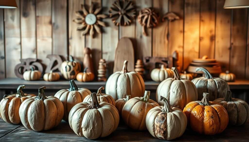 A rustic wooden pumpkin display, handcrafted with care by The Sawdust Man. In the foreground, an assortment of natural, unfinished wooden pumpkins sits atop a weathered wooden table, their textured surfaces casting intriguing shadows in the soft, ambient lighting. The middle ground features a collection of carved wooden decorations, each piece a unique work of art, complementing the pumpkins with their organic shapes and tones. In the background, a backdrop of reclaimed wooden panels creates a warm, inviting atmosphere, evoking the cozy charm of a country farmhouse. The overall composition exudes a sense of autumn's natural beauty, perfect for transforming any home into a rustic fall oasis.