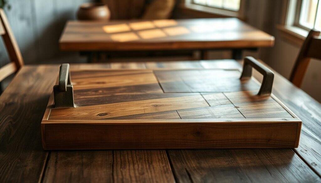 A rustic wooden serving tray rests on a weathered farmhouse table, the warm glow of natural light casting a cozy ambiance. The tray is crafted from an assortment of reclaimed wood planks, their imperfections and knots adding charm. Subtle textures and distressed finishes create a timeless, handcrafted feel. Carefully positioned to showcase the tray's sturdy handles and clean, minimalist design. The surrounding environment evokes a sense of pastoral tranquility, with muted colors and a softly-focused background complementing the tray's rustic elegance.