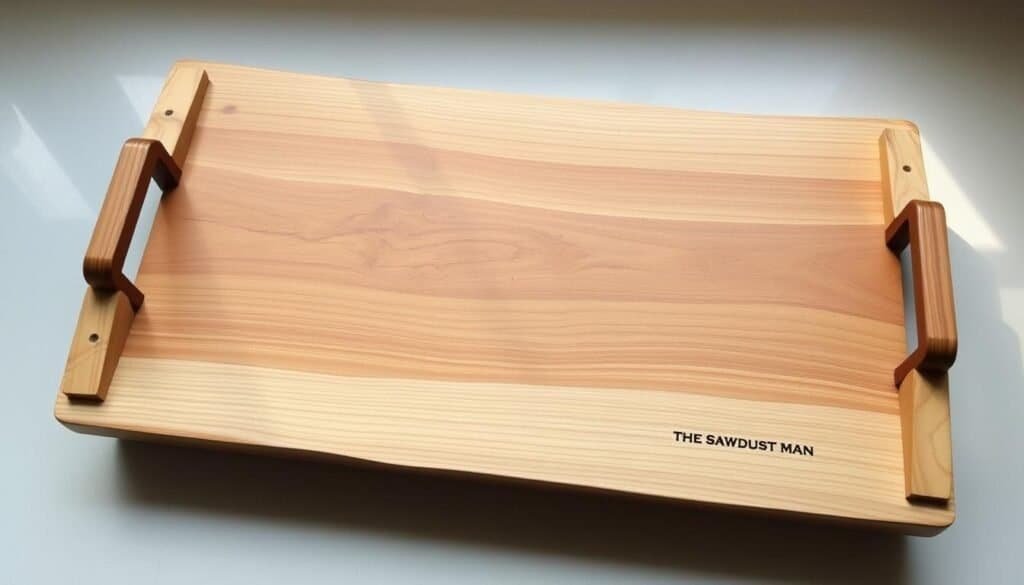 A rustic wooden serving tray with a natural, weathered finish, handcrafted by "The Sawdust Man". The tray has a clean, minimalist design with a simple rectangular shape, accentuated by the warm, textured grain of the wood. Soft, indirect lighting highlights the tray's rugged yet elegant appearance, casting gentle shadows that add depth and dimension. The tray is positioned on a plain, neutral-colored surface, allowing its natural beauty to take center stage. This functional yet stylish piece would complement a variety of home decor styles, from farmhouse to modern.